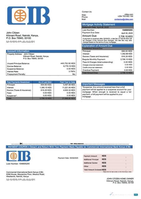 Kenya Commercial International Bank Kenya (CIB) mortgage statement Word and PDF template